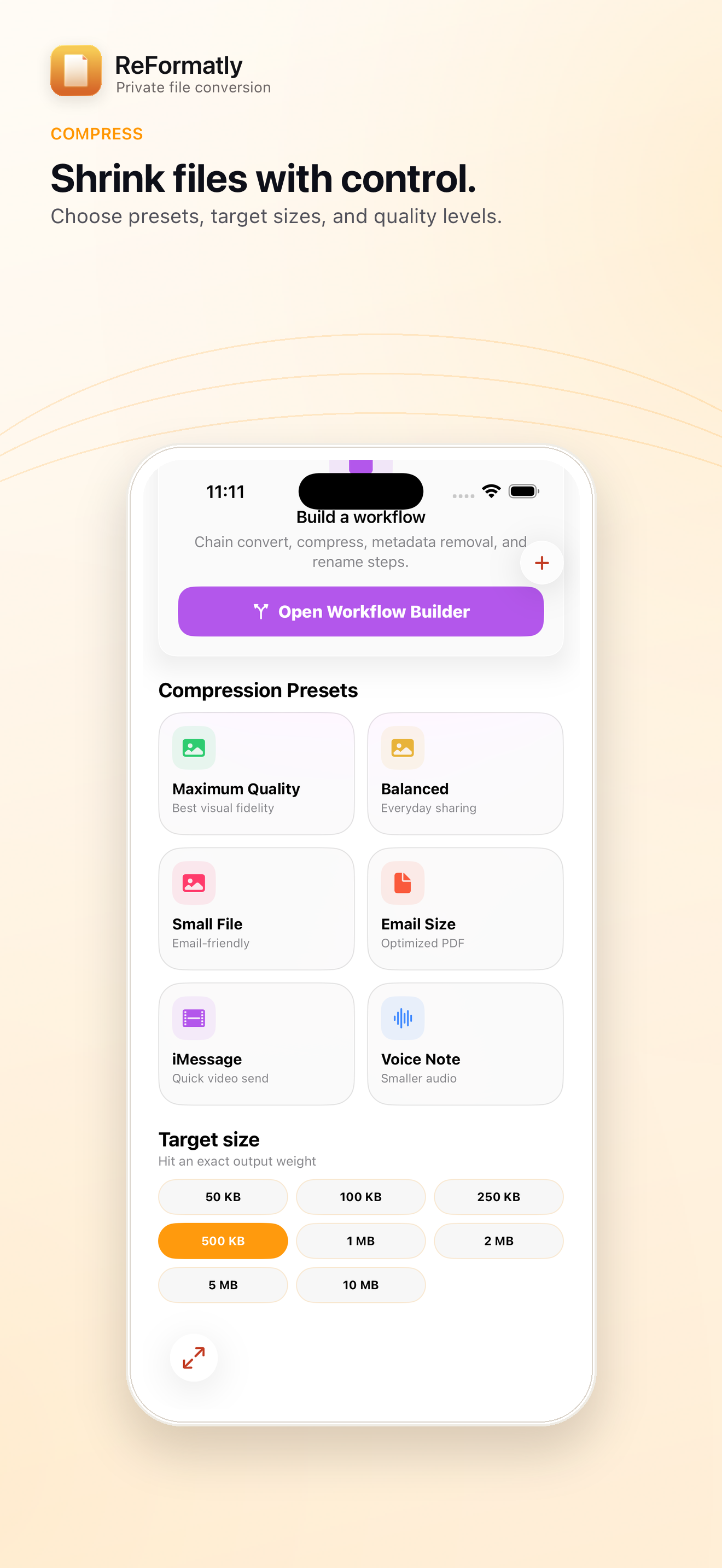 Compress — Set a target file size with preview.