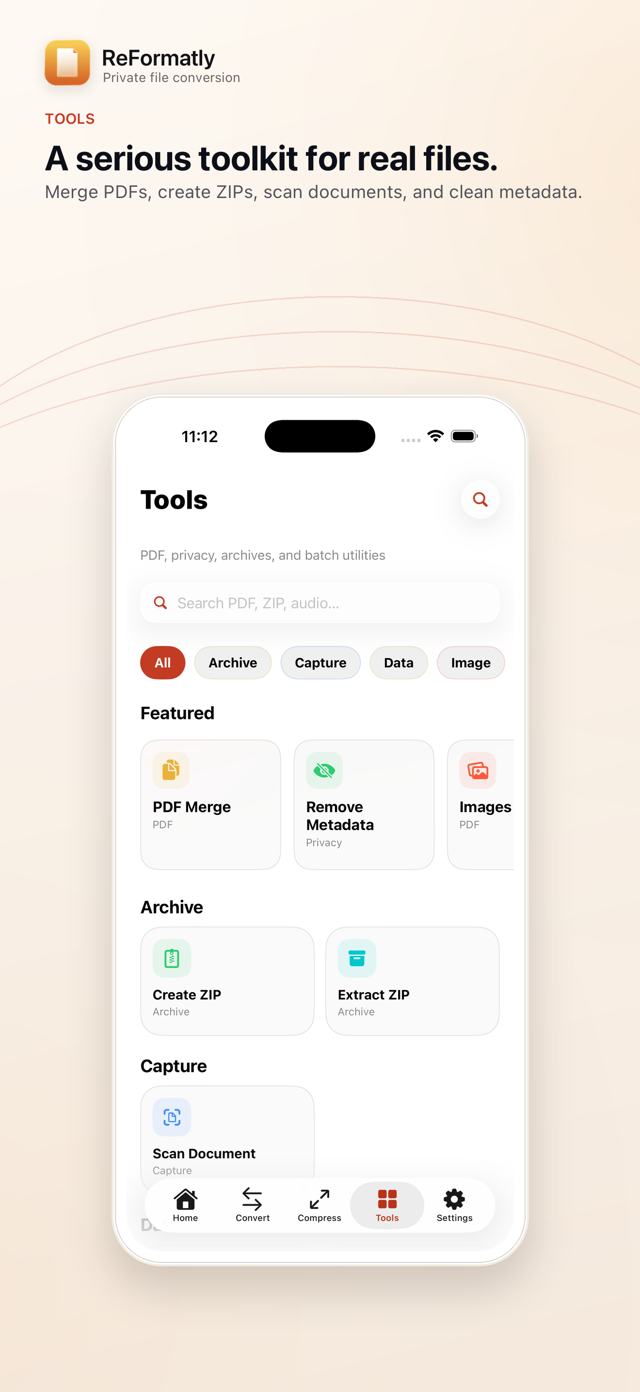 Tools — PDF, archives, metadata, and file utilities.