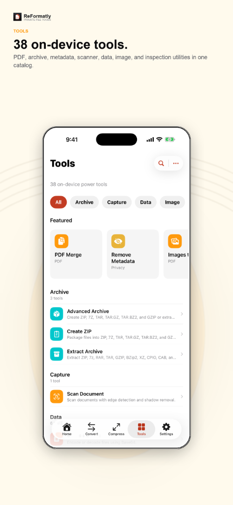Tools — 38 on-device tools.